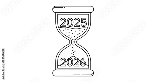 Outline icon depicting an hourglass symbolizing the transition countdown from the year 2025 sand settling into the year 2026 future goal