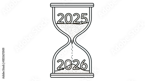 Time passing from the year 2025 to 2026 illustrated within an iconic hourglass symbol representing transition and chronological countdown sequence