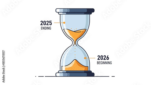 Visualizing the critical transition period between the culmination of year 2025 ending and the momentous start of 2026 beginning using an hourglass concept.
