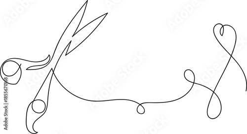 One continuous line drawing of hair scissors. Continuous line drawing of scissors and a heart symbolizing craft and affection. 