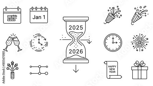 Minimalist line art illustration depicting various abstract celestial body diagrams and navigational compass elements against a solid black background