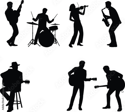 Musicians, silhouettes, playing, instruments, live, band, guitarist, drummer, violinist, saxophone, music, concert, performance, stage, artists, entertainment, sound, rhythm, show, concept