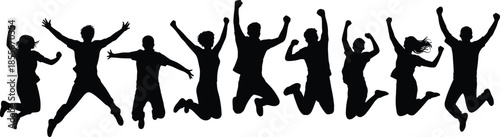 Jumping silhouette, joyful people, black figures, white background, celebration pose, raised arms, dynamic movement, unity gesture, expressive stance, achievement theme