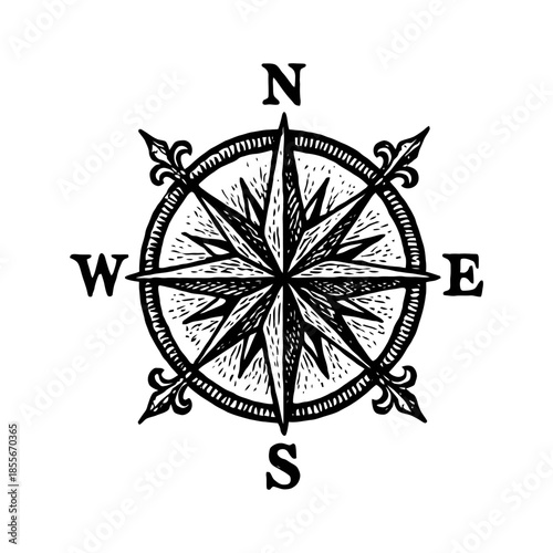 Hand-drawn nautical compass rose design with ornate details in black on white background.