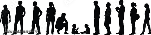 Human life cycle, silhouette progression, childhood to parenthood, age stages, black figures, vector art, emotional roles, development timeline