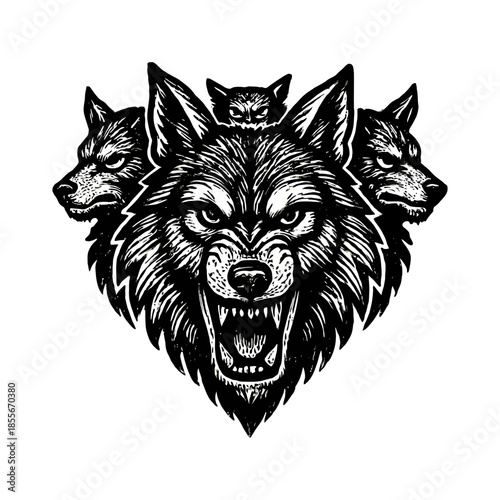Fierce three-headed wolf emblem tattoo design in black and white.