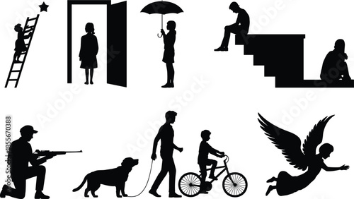 Symbolic silhouette, human experience, black figures, white background, aspiration pose, emotional gesture, daily life, spiritual icon, activity scene, expressive stance