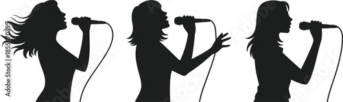 Singer silhouette, vocal performance, microphone pose, black figures, white background, dynamic movement, music expression, concert art