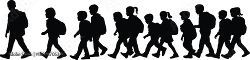 Children silhouette, walking kids, school backpacks, black figures, white background, student group, education theme, daily routine, youth motion, posture study
