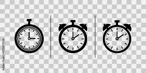 Set of three stopwatch and alarm clock icon in black and white