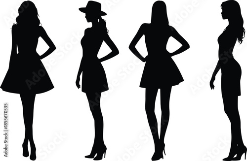 Fashion silhouette, stylish women, black figures, white background, high heels, expressive pose, clothing variation, artistic stance, posture study, minimal design