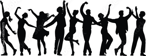Dancing silhouettes, expressive pose, celebration gesture, rhythmic movement, vector people, black shapes, joyful stance, cultural vibe, dance energy, artistic motion