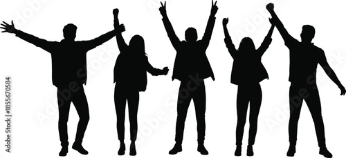 Celebration silhouette, joyful people, raised arms, black figures, white background, unity gesture, victory pose, expressive stance, group energy, triumph art