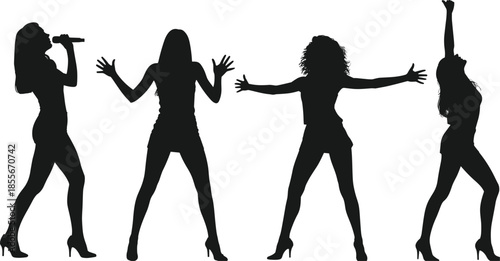 Female performer silhouettes, dancing singing poses, microphone gestures, black vector art, stage energy, expressive motion, minimal design