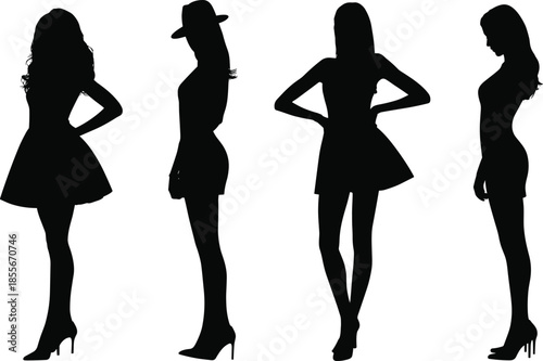 Fashion silhouette, stylish women, black figures, white background, expressive pose, high heels, artistic stance, clothing variation, posture study, design concept