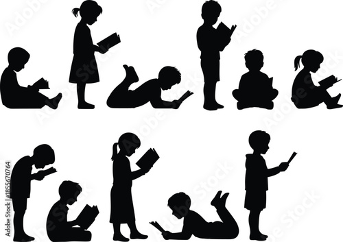 Silhouette, of, children, reading, books, sitting, standing, and, lying, down, isolated, on, white, background, education, learning, study, kids, literature, concept