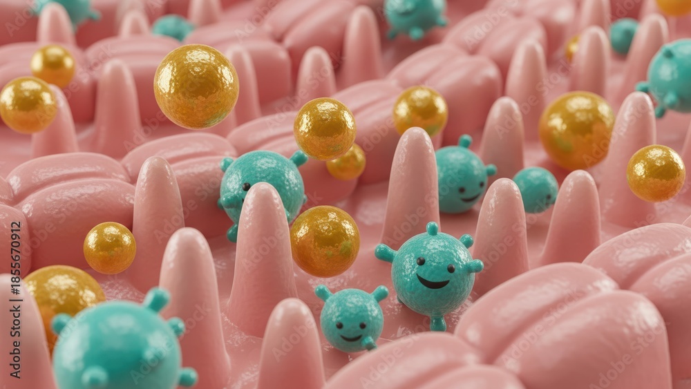 Fototapeta premium A healthy gut scene with microbes and nutrients inside intestines showing balance digestion and Stool formation