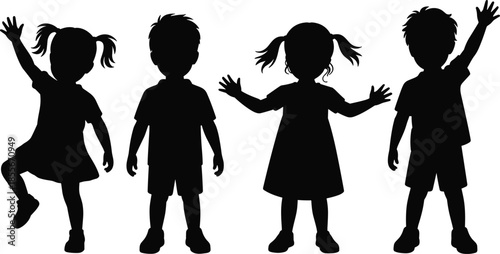 Happy, playful, children, silhouettes, standing, waving, smiling, energetic, kids, friendship, childhood, joy, freedom, fun, youth, outdoors, lifestyle, celebration, unity, concept
