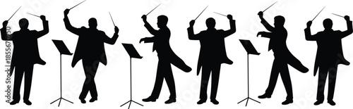 Conductor silhouette, orchestra leader, black figures, white background, baton gesture, music stand, formal attire, expressive pose, performance art, dynamic stance