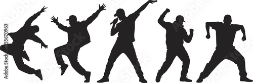 Dancing silhouettes, hip-hop performers, microphone pose, expressive movement, street dance, vector figures, energetic stance, black shapes, music vibe, dynamic posture