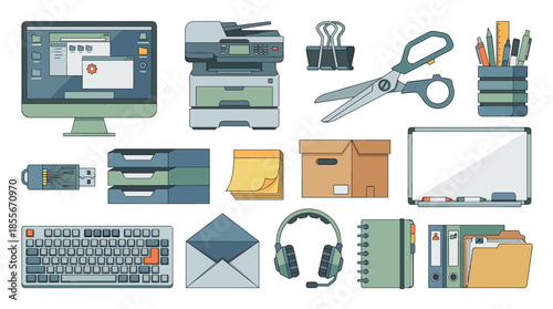 A collection of office supplies and electronic devices arranged on a white background, including a computer monitor, printer, keyboard, and stationery.