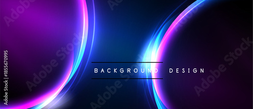 Abstract background features vibrant curves, neon colors. Dark space contrasts bright light, creating dynamic visual effect.