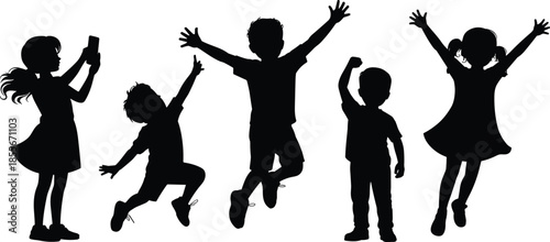 happy, children, silhouettes, jumping, dancing, playing, smartphone, technology, childhood, fun, kids, freedom, energy, joy, group, outdoor, motion, lifestyle, carefree, active