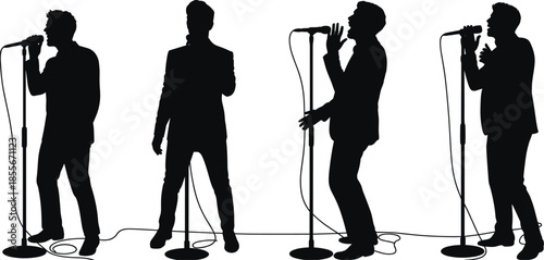 Singing silhouettes, microphone stand pose, expressive performance, vocal gesture, vector singers, black shapes, stage energy, music vibe, dynamic stance, live art