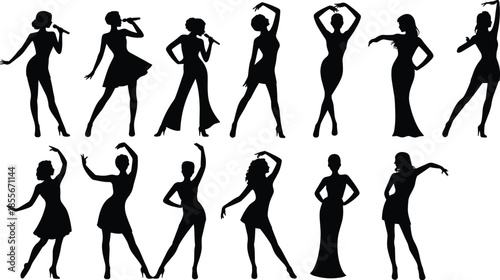 Female singer and dancer silhouettes collection elegant women performing music dance poses show nightlife isolated on white background vector illustration set