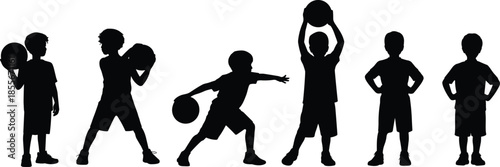 Kids basketball silhouettes boys playing sports poses isolated on white background childhood activity teamwork training illustration vector set