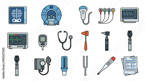 A collection of medical diagnostic and monitoring equipment, including an X-ray, MRI machine, ultrasound, ECG monitor, blood pressure cuff, stethoscope, and thermometer.