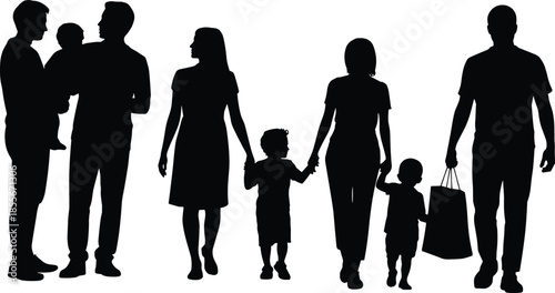 Happy,family,silhouettes,parents,and,children,walking,together,mother,father,kids,holding,hands,black,vector,illustration,people,love,relationship,set