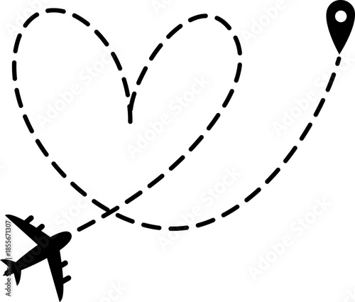 Airplane route with dotted flight path. Airplane with curved dotted flight route. flight path with dotted line, aviation concept, travel background. Airplane line path icon of airplane flight route