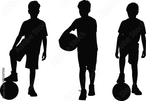 Boy football player silhouettes set, kids soccer activity, child athlete training, sport illustration isolated on white background