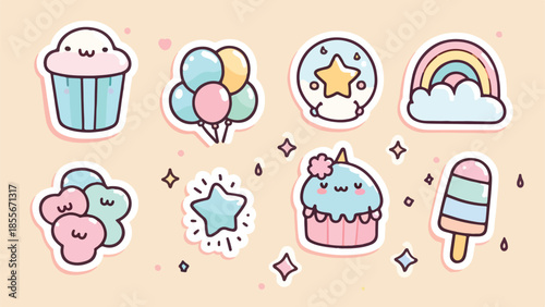 cute kawaii pastel dessert and rainbow doodle set