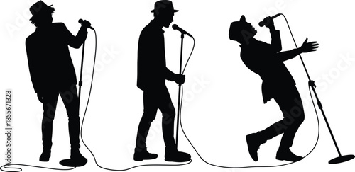Singing silhouettes, hat performers, microphone pose, expressive stance, stage energy, vector singers, black shapes, live music, concert vibe, dynamic posture