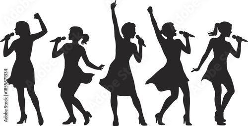Singing silhouettes, female performers, microphone pose, dynamic stance, concert vibe, expressive movement, vector singers, black shapes, stage energy