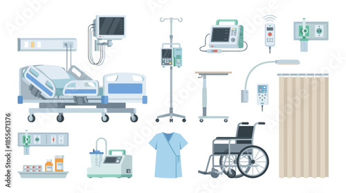 A comprehensive collection of medical equipment and hospital room essentials, including a hospital bed, IV stand, wheelchair, and medical monitors.