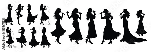 Female singers in elegant dresses holding microphones
