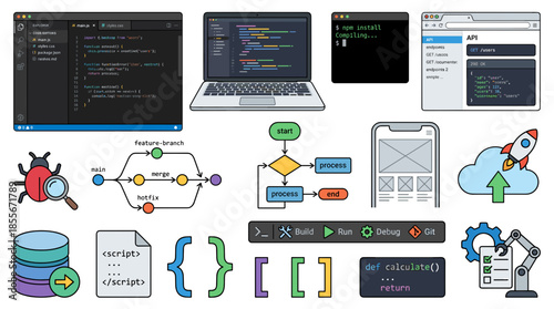 A vibrant collection of icons representing software development, coding, debugging, and cloud computing.