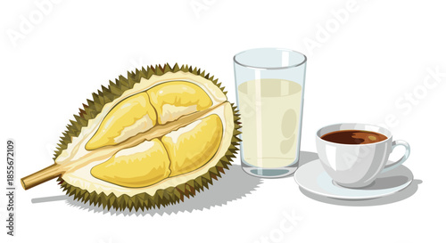 Tropical durian fruit halves served alongside a glass of milk and a cup of black coffee on a white background.