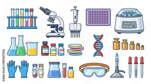 A comprehensive collection of scientific laboratory equipment and supplies, including glassware, tools, and safety gear, arranged for clear illustration.