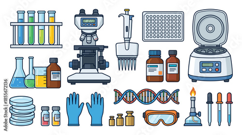 A comprehensive collection of scientific laboratory equipment and supplies, including glassware, instruments, and biological models.