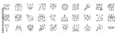Party line icon set. Included icons as new year, celebration, fireworks, music, magician, birthday cake, present, balloons, halloween vector illustration