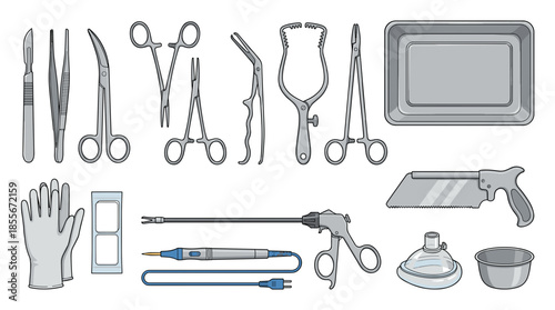 A comprehensive collection of surgical instruments and medical equipment, including scalpels, forceps, scissors, gloves, and a laparoscope.