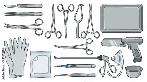 A collection of surgical instruments and medical equipment laid out on a white background.