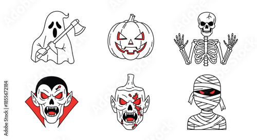 Collection of spooky halloween characters including a ghost with an axe, a pumpkin, a skeleton, and terrifying monsters.