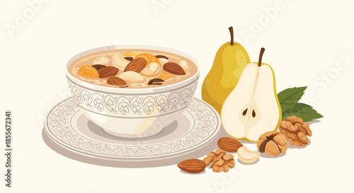 Healthy bowl of breakfast cereal or porridge topped with almonds and walnuts served alongside fresh sliced pears.
