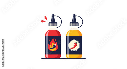 Two bottles of spicy sauce featuring hot chili and flame illustrations designed for kitchen and culinary themes.