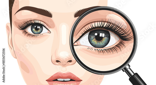 Close up view of a female eye being examined through a large magnifying glass to show detail and clarity.